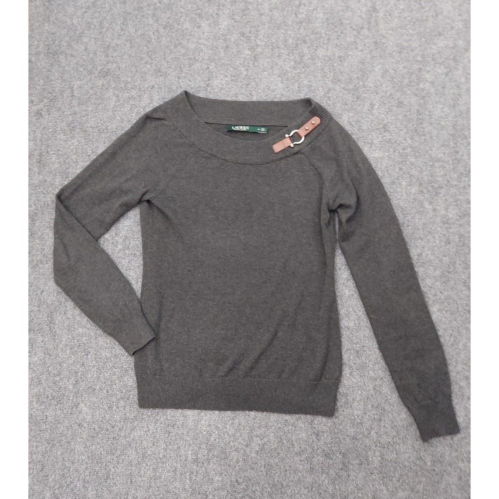 LRL Ralph Lauren Sweater Womens Medium Gray Leather Buckle Accent Soft Pullover